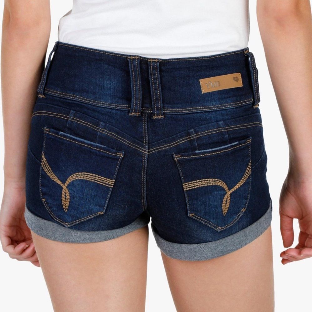 YMI High Rise Distressed Denim Shorts 5 XS WannaBettaButt Indigo Dark Wash Jean - Picture 2 of 8